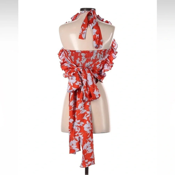 J. Crew Orange & White Flounce Floral Halter Top Ruffles Size XS Bow Tie Back - Picture 4 of 4